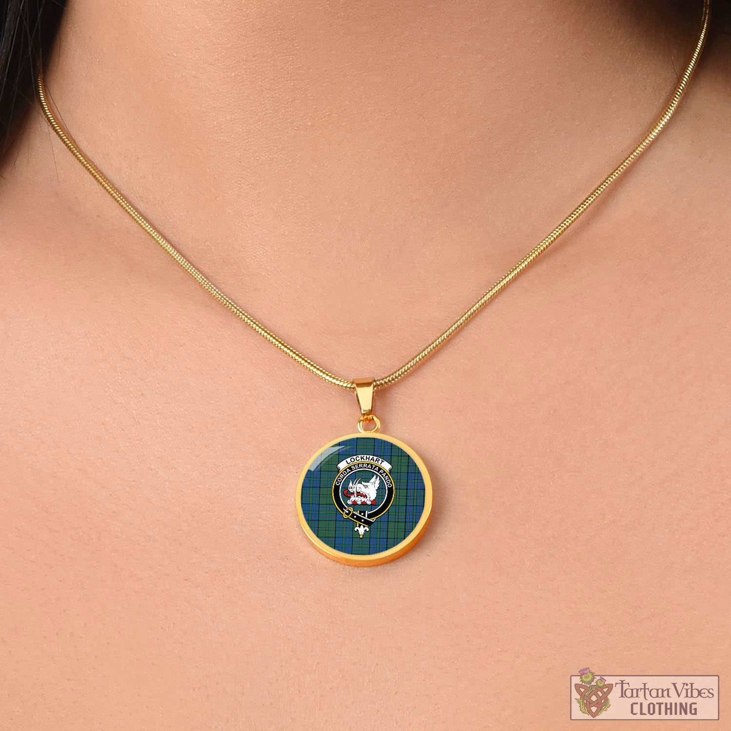 Tartan Vibes Clothing Lockhart Tartan Circle Necklace with Family Crest