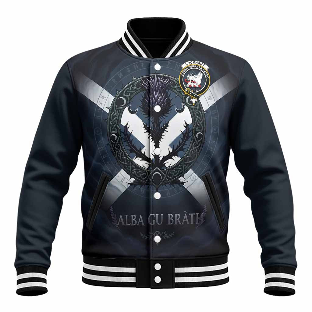 Lockhart Clan Crest Baseball Jacket with Celtic Knot Thistle and Saltire Unisex - Tartan Vibes Clothing