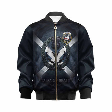 Lockhart Clan Crest Kid Bomber Jacket with Celtic Knot Thistle and Saltire