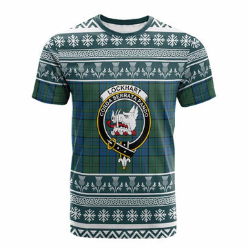 Lockhart Clan Tartan Christmas Cotton T-shirt with Family Crest