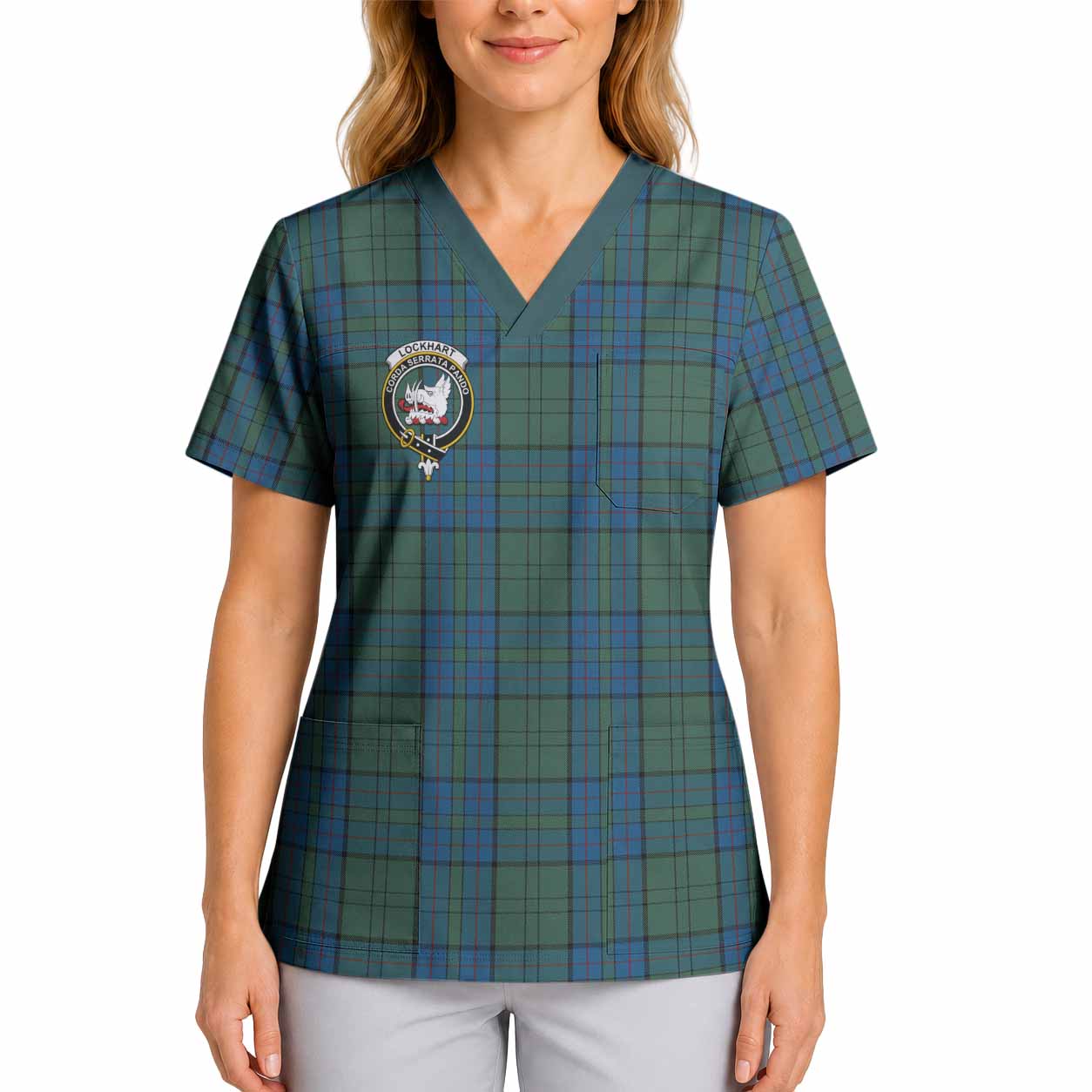 Lockhart Crest Tartan Scrub Top 4XL - Tartan Vibes Clothing