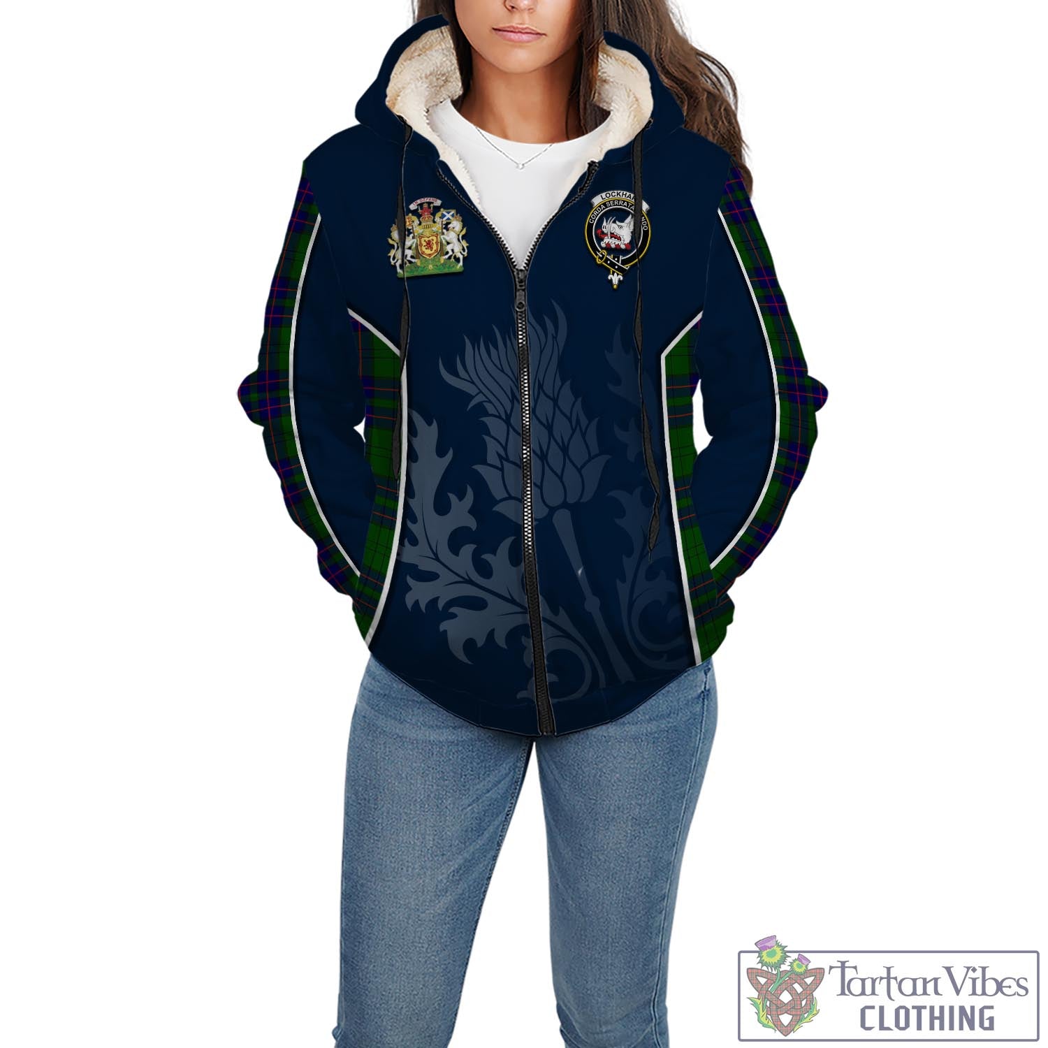 Tartan Vibes Clothing Lockhart Modern Tartan Sherpa Hoodie with Family Crest and Scottish Thistle Vibes Sport Style
