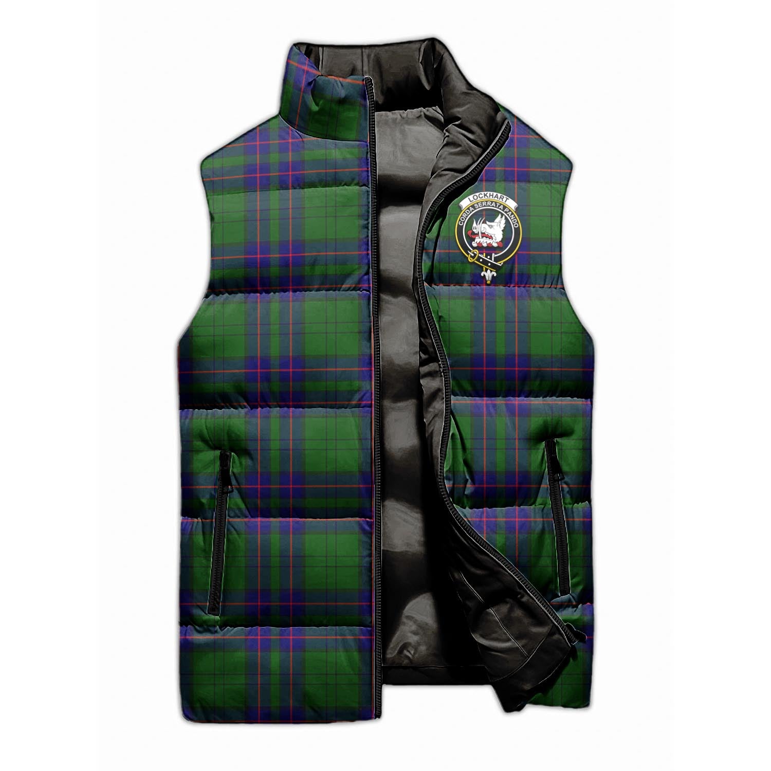 Lockhart Modern Tartan Sleeveless Puffer Jacket with Family Crest - Tartanvibesclothing