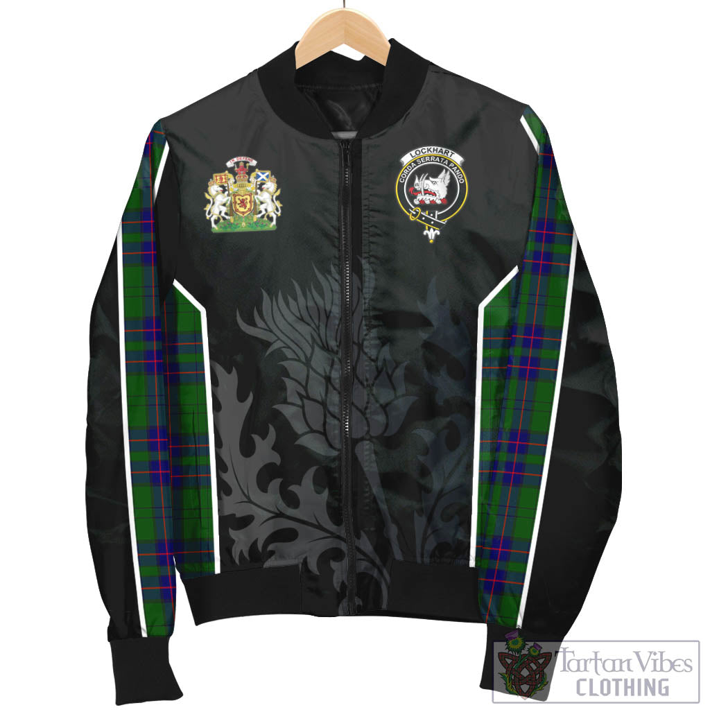 Tartan Vibes Clothing Lockhart Modern Tartan Bomber Jacket with Family Crest and Scottish Thistle Vibes Sport Style