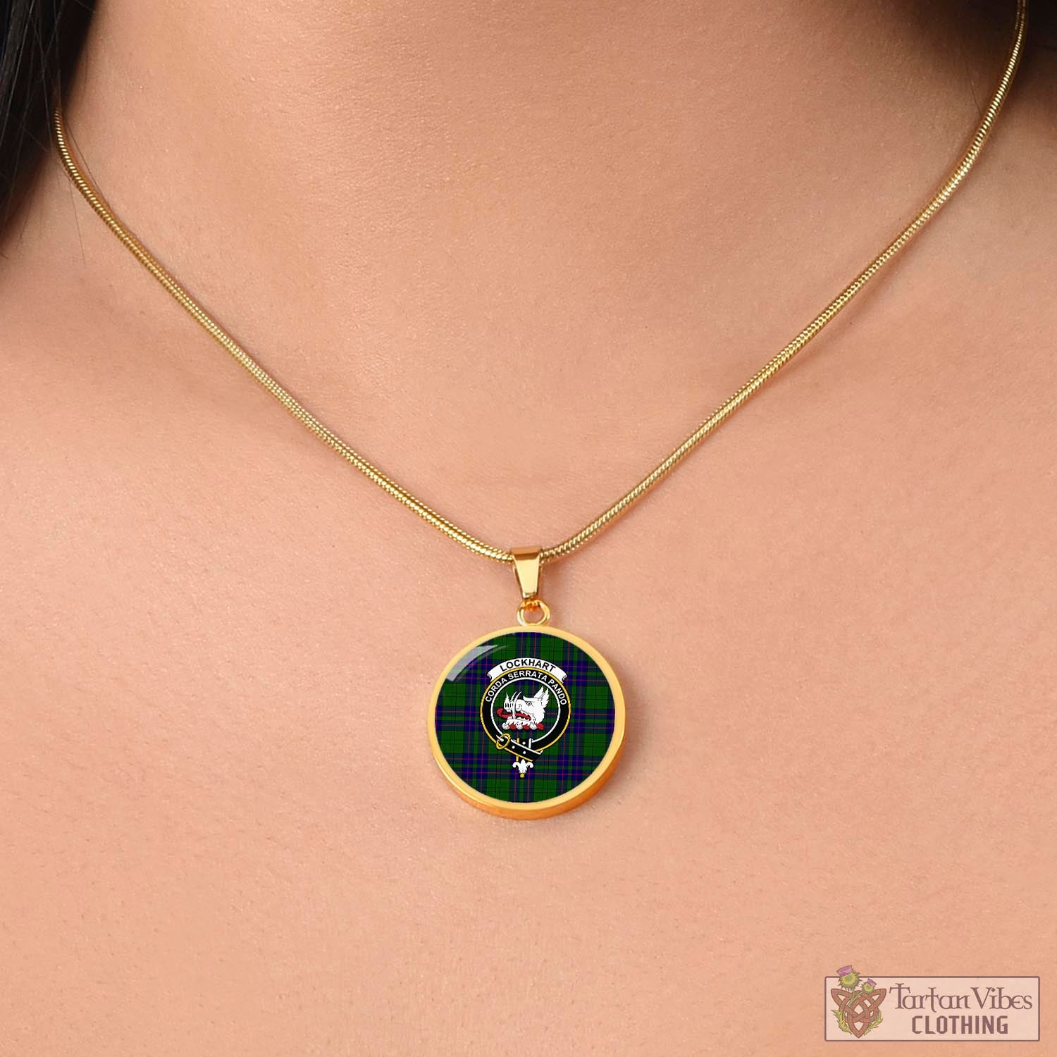 Tartan Vibes Clothing Lockhart Modern Tartan Circle Necklace with Family Crest