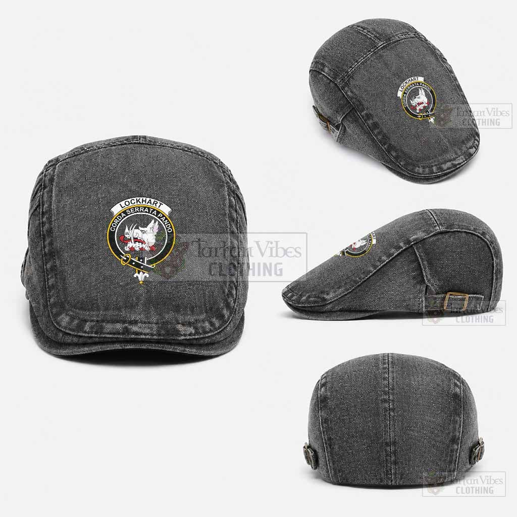 Lockhart Scottish Clan Crest Washed Flat Cap - Unisex Jeff Cap One Size (Adjustable) Black - Tartan Vibes Clothing