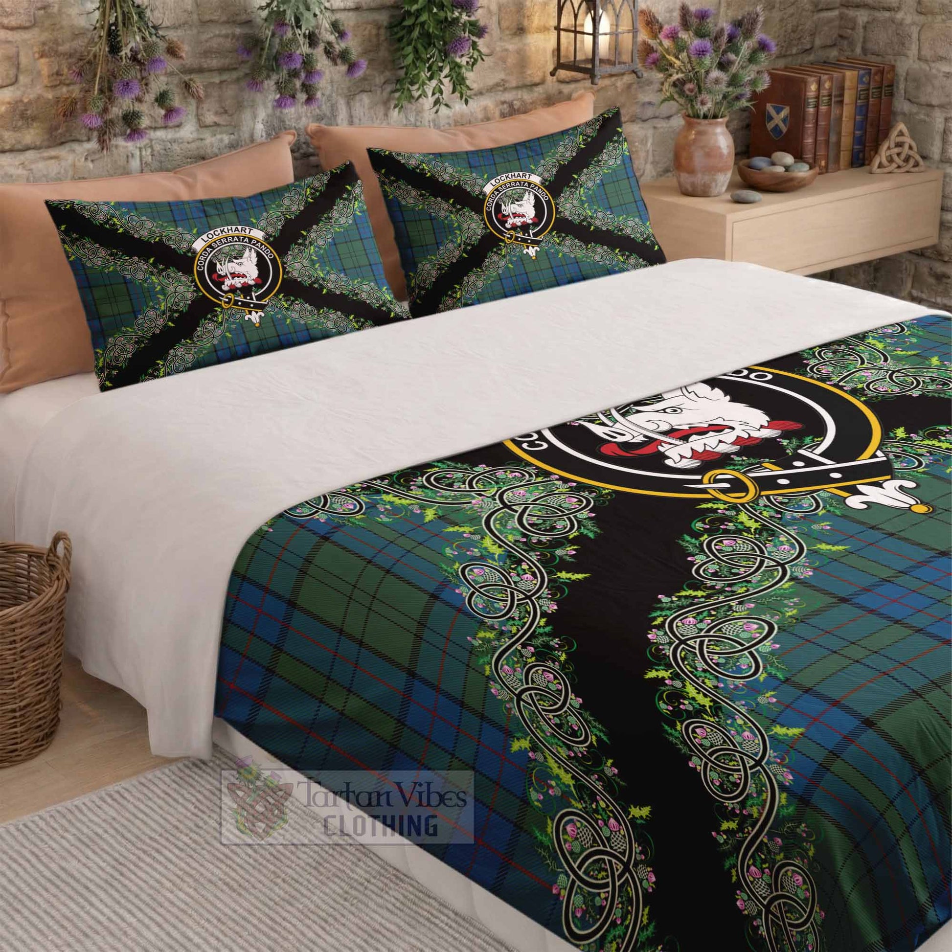 Lockhart Scottish Tartan Crest Bedding Set Thistle Celtic Knotwork Heritage Art - Tartan Vibes Clothing