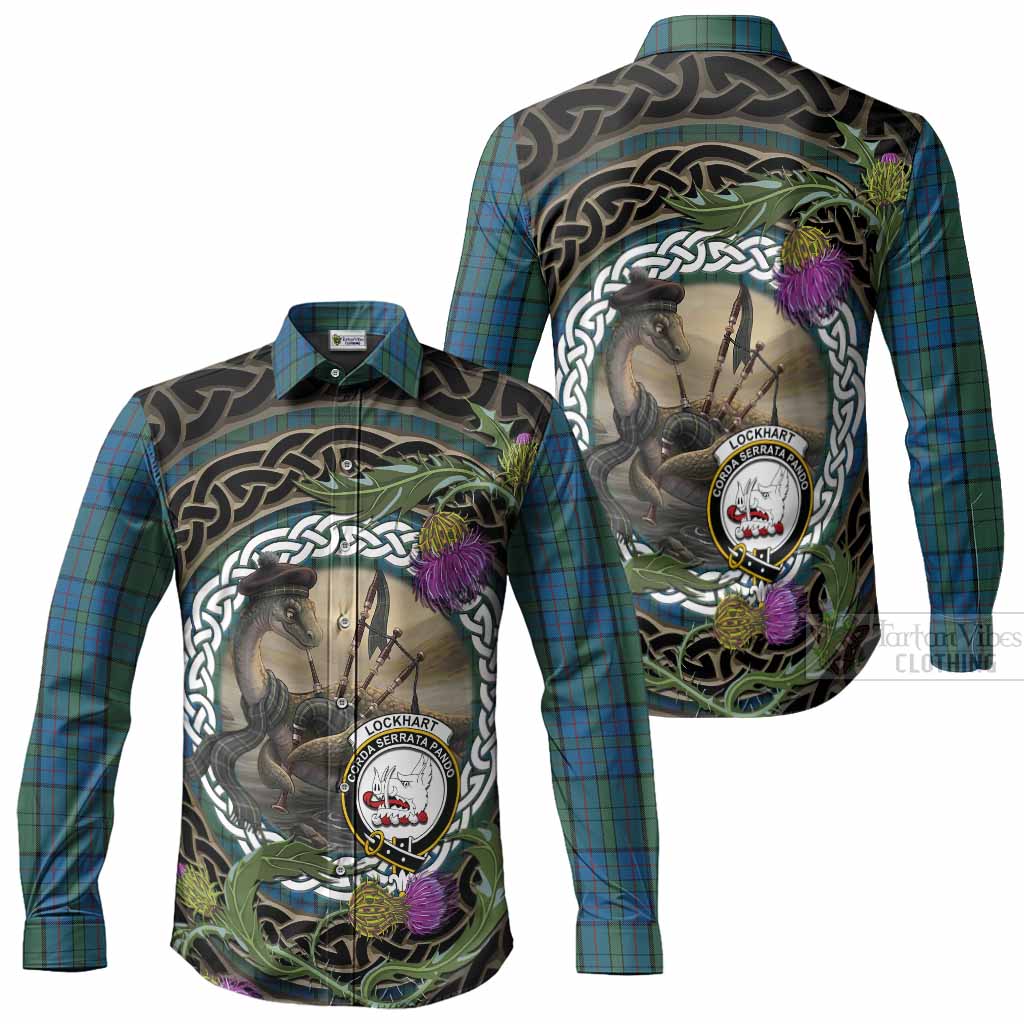 Lockhart Tartan Crest Bagpipe Nessie Long Sleeve Button Shirts Scottish Loch Ness Monster Celtic Thistle