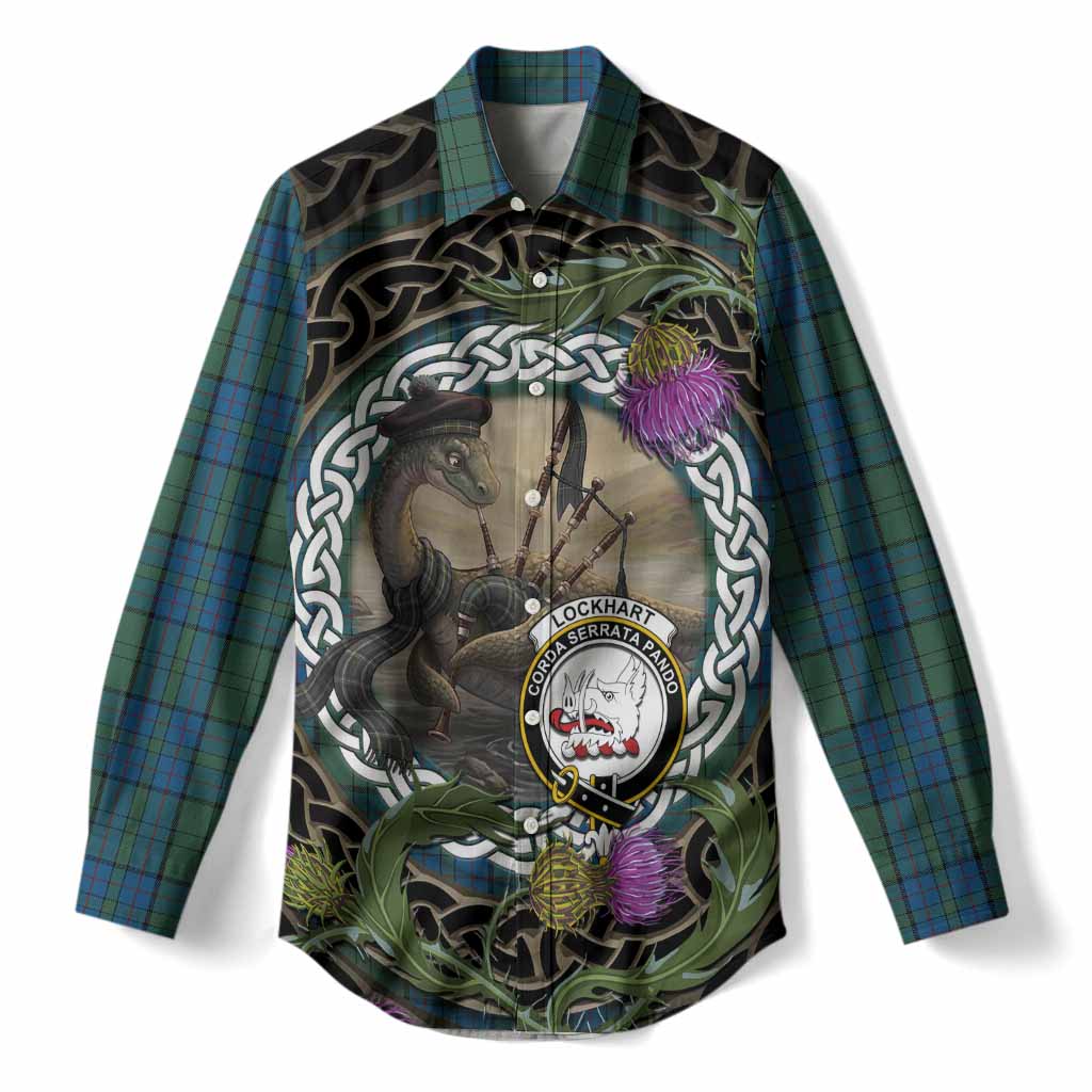 Lockhart Tartan Crest Bagpipe Nessie Women Casual Shirt Scottish Loch Ness Monster Celtic Thistle
