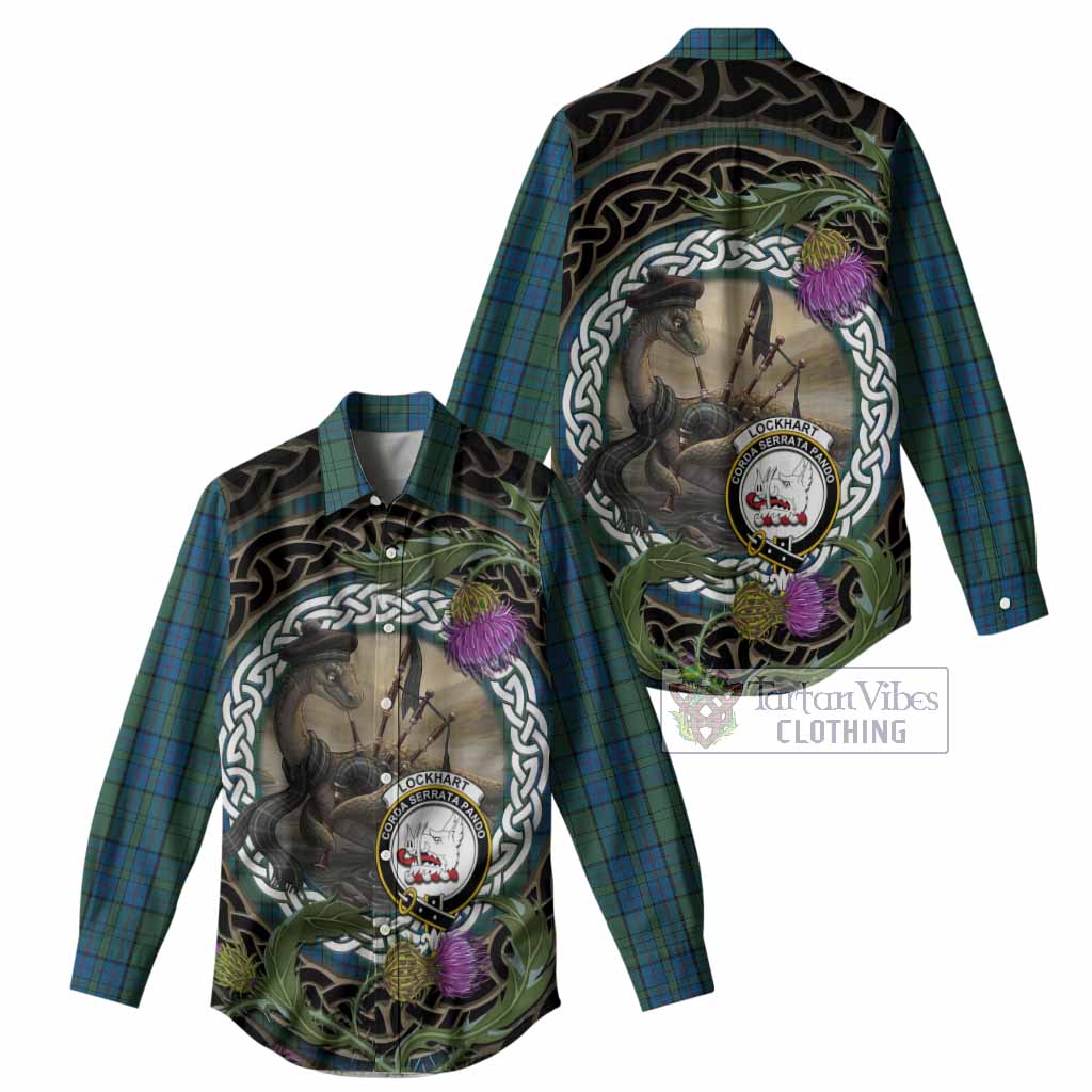 Lockhart Tartan Crest Bagpipe Nessie Women Casual Shirt Scottish Loch Ness Monster Celtic Thistle