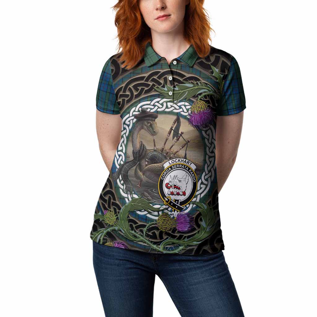 Lockhart Tartan Crest Bagpipe Nessie Women Polo Shirt Scottish Loch Ness Monster Celtic Thistle