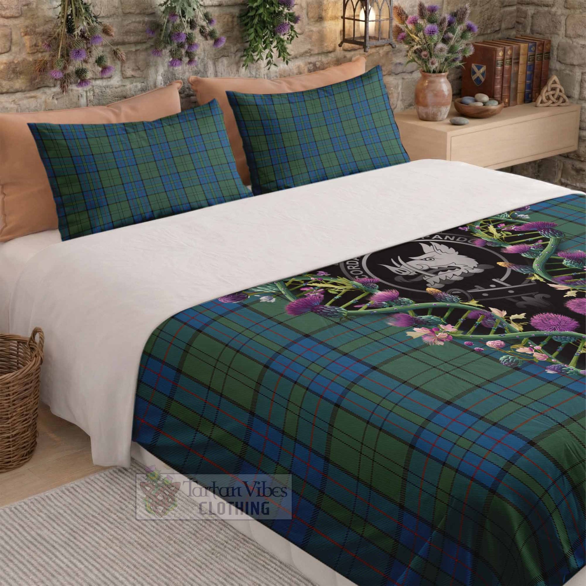 Lockhart Tartan Crest Bedding Set Scottish Heritage Thistle DNA