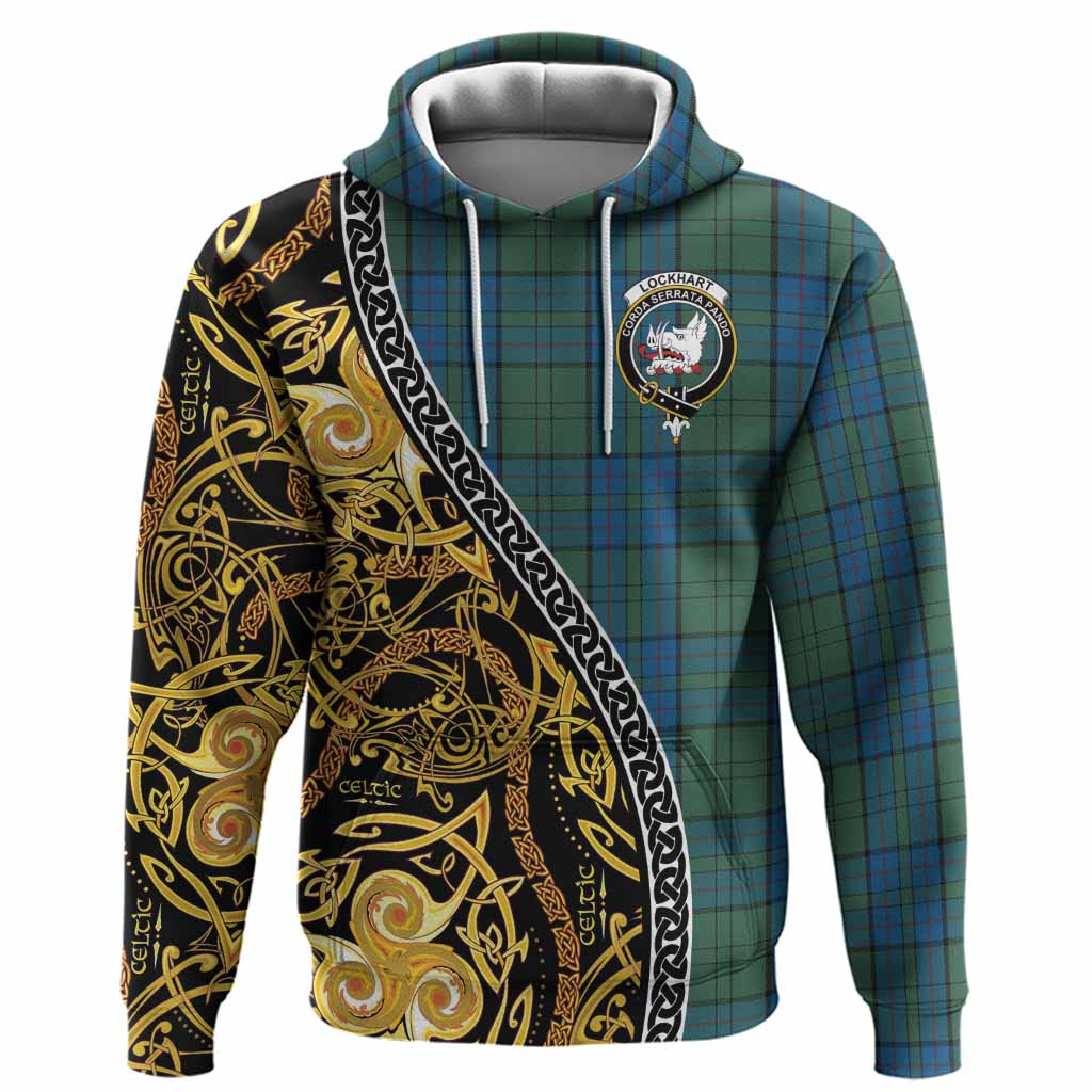 Lockhart Tartan Crest Hoodie Celtic Knot and Triple Trickle Spiral Symbols