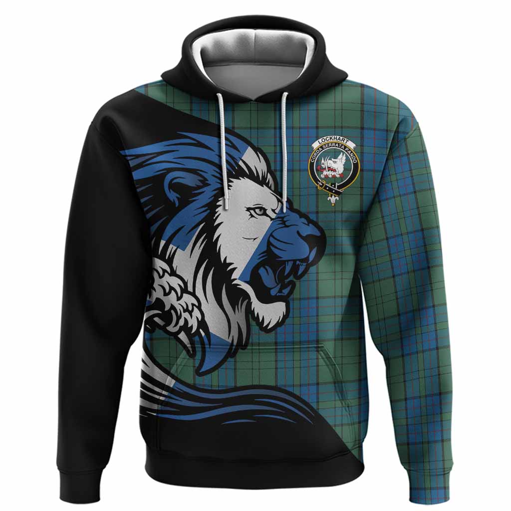Lockhart Tartan Crest Hoodie Scottish Golden Lions Wave Flow