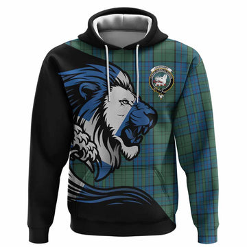 Lockhart Tartan Crest Hoodie Scottish Golden Lions Wave Flow