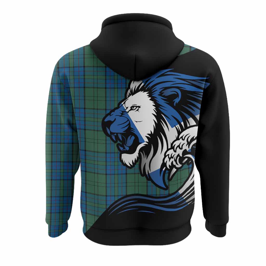 Lockhart Tartan Crest Hoodie Scottish Golden Lions Wave Flow
