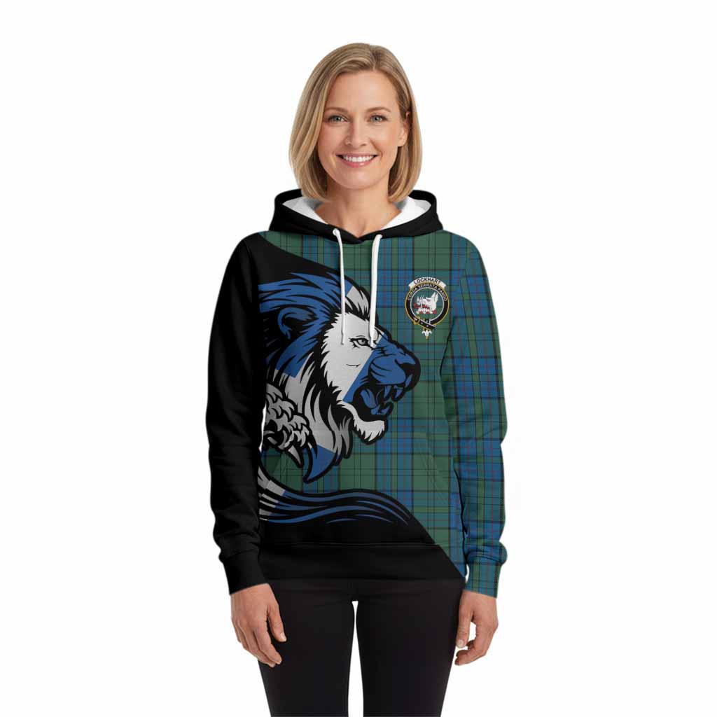 Lockhart Tartan Crest Hoodie Scottish Golden Lions Wave Flow