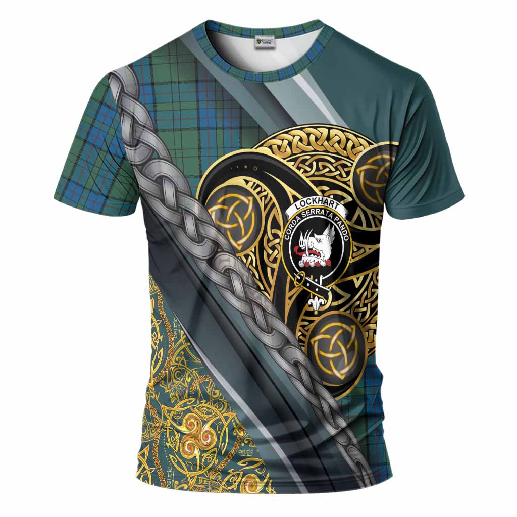 Lockhart Tartan Crest T-Shirt Scottish Triskele Celtic
