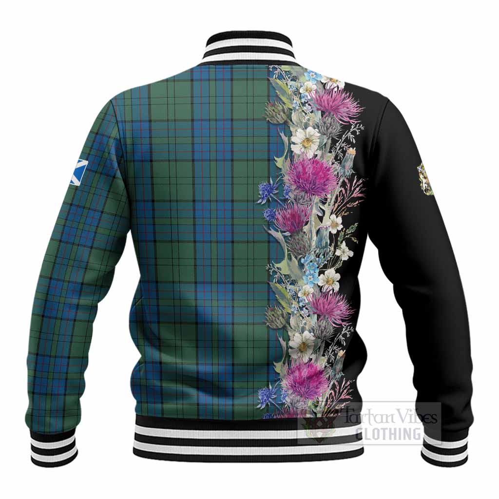 Lockhart Tartan Crest Thistle Floral Baseball Jacket - Tartan Vibes Clothing