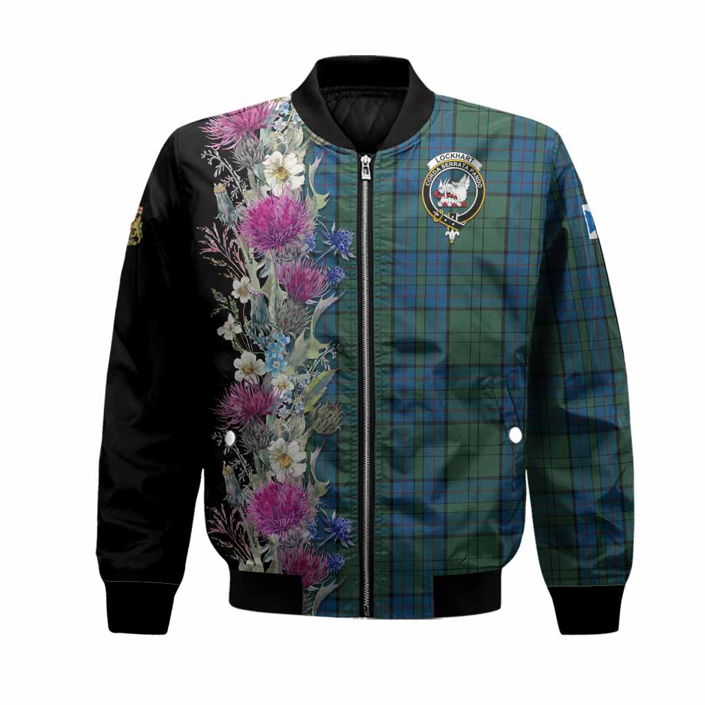Lockhart Tartan Crest Thistle Floral Bomber Jacket Unisex Black - Tartan Vibes Clothing