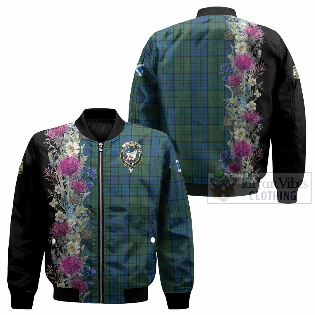 Lockhart Tartan Crest Thistle Floral Bomber Jacket - Tartan Vibes Clothing