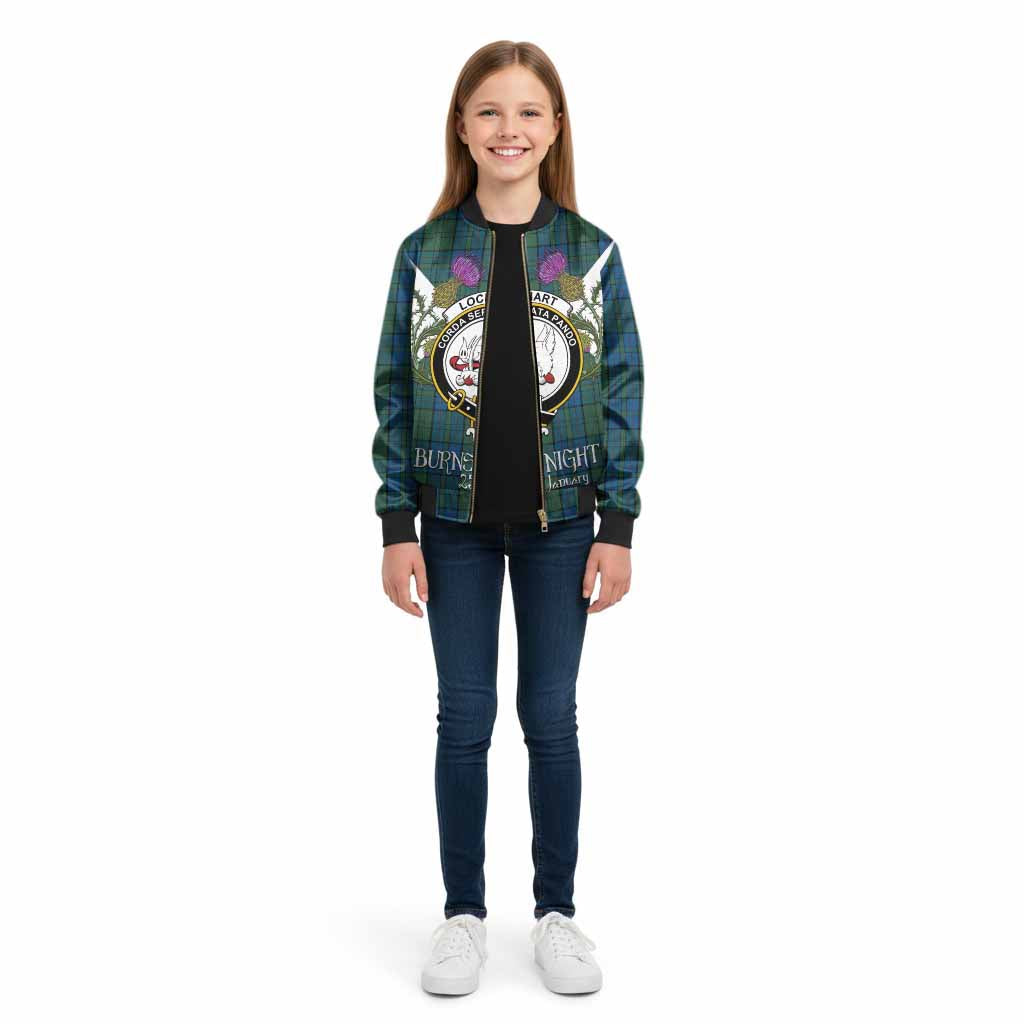 Lockhart Tartan Family Crest Kid Bomber Jacket Scottish Burns Night Thistle Floral