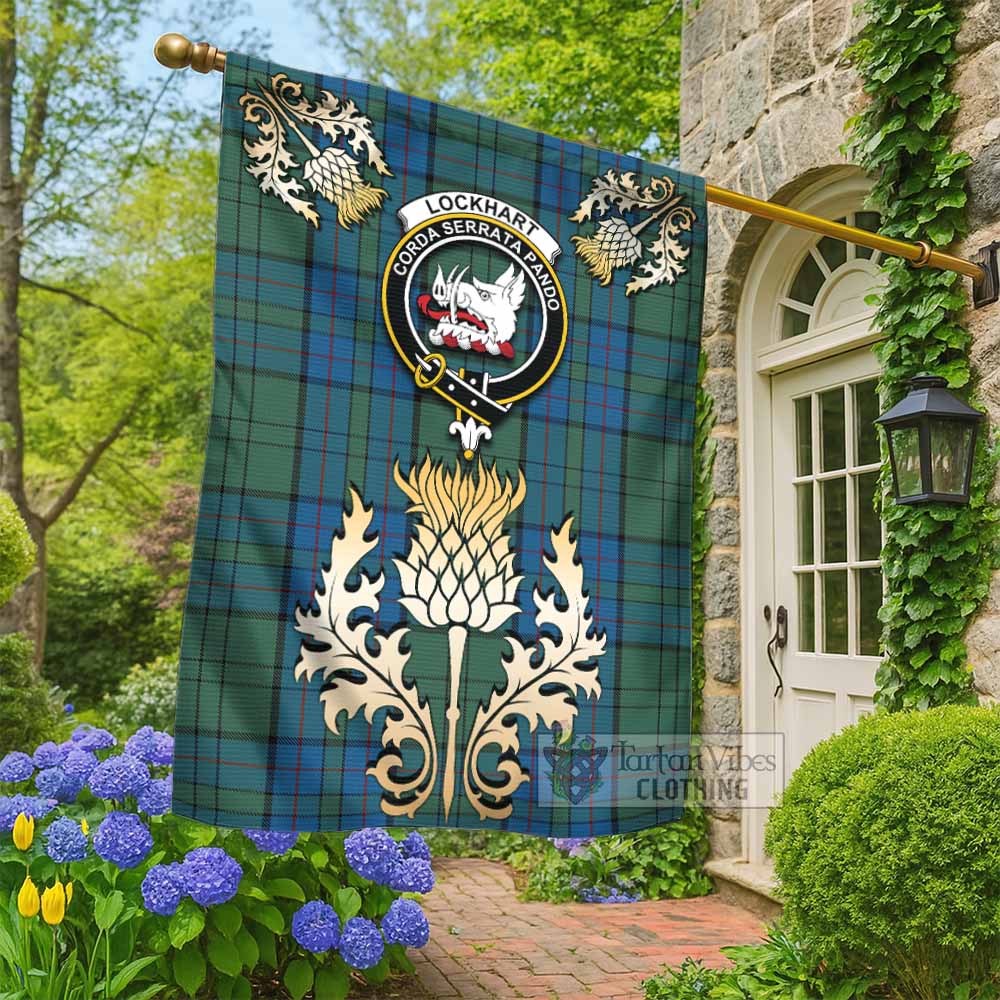 Lockhart Tartan Garden Flag with Golden Regal Scottish Thistle Emblem - Tartan Vibes Clothing