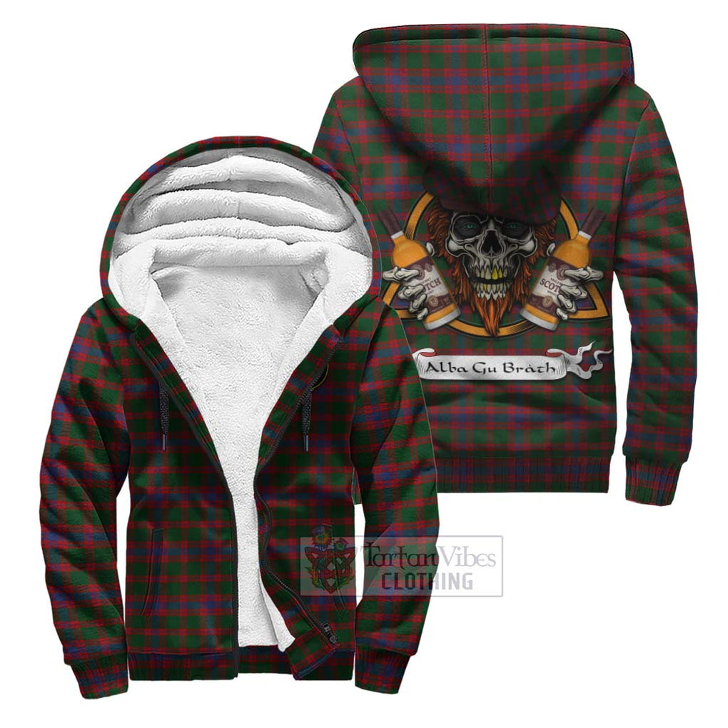 Tartan Vibes Clothing Logan Tartan Sherpa Hoodie with Family Crest and Bearded Skull Holding Bottles of Whiskey