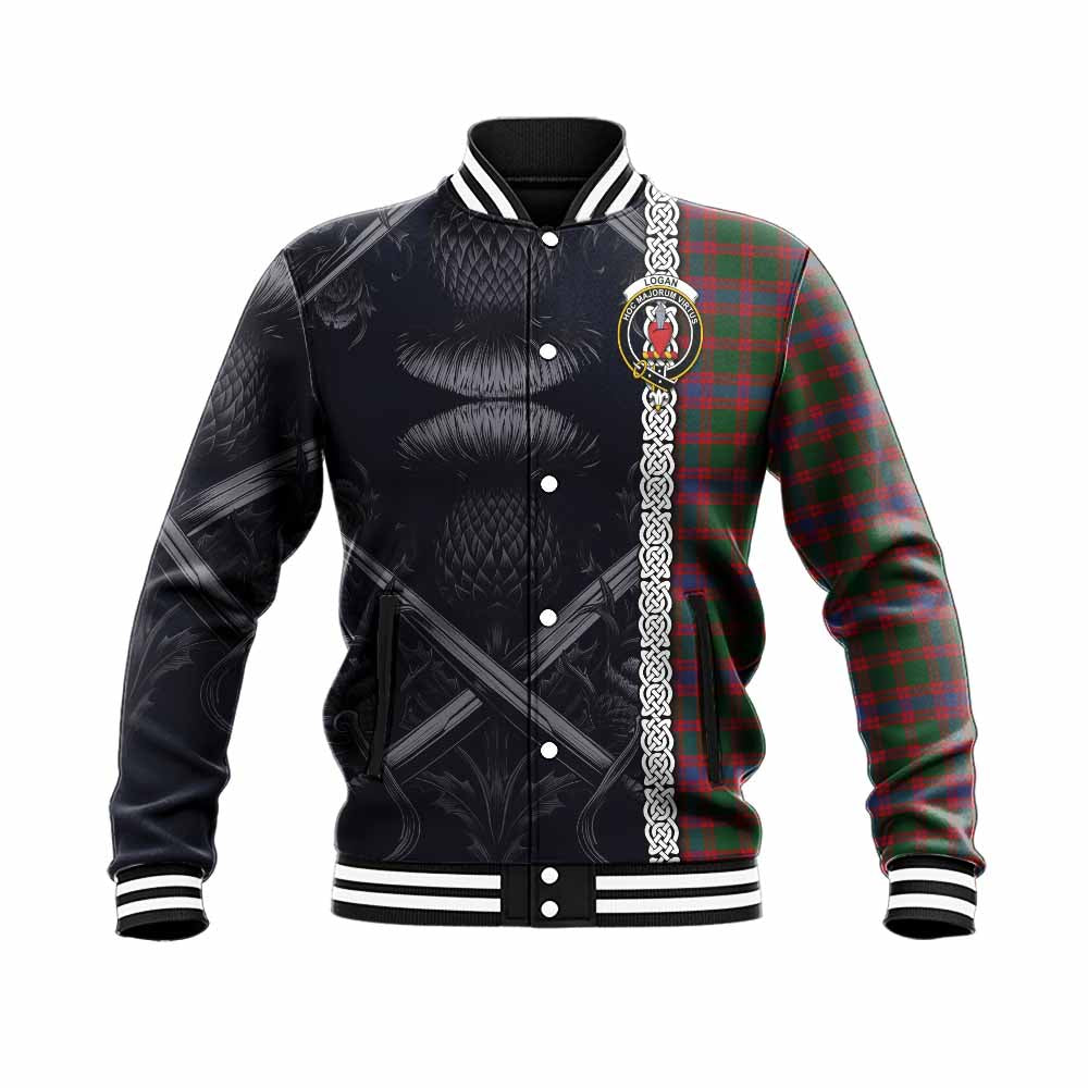Tartan Vibes Clothing Logan Tartan Baseball Jacket with Family Crest Cross Sword Thistle Celtic Vibes