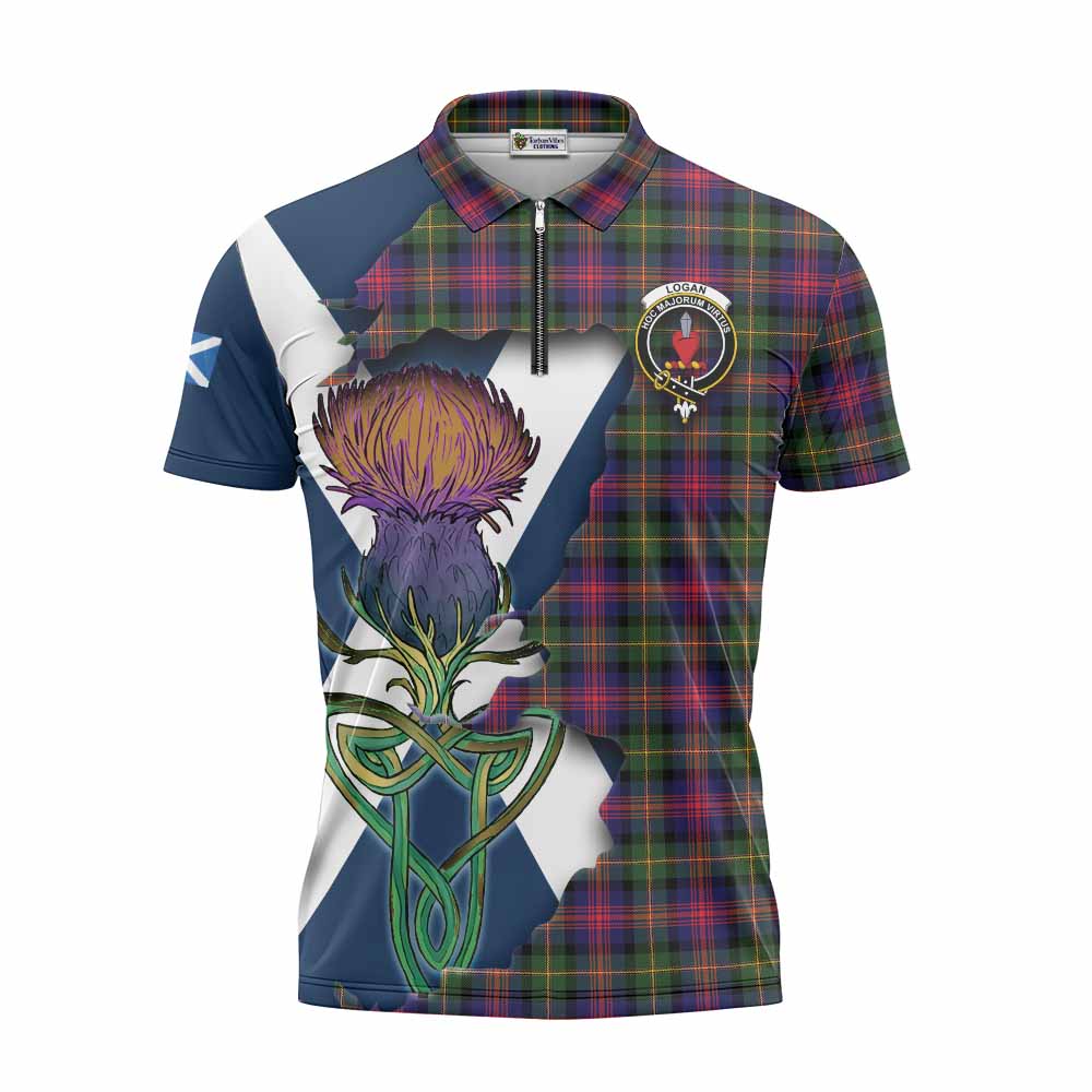 Tartan Vibes Clothing Logan Tartan Family Crest Zipper Polo Shirt Scottish Thistle Celtic Inspired