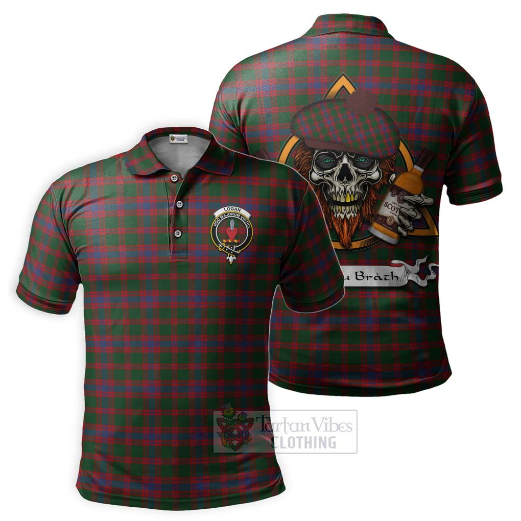 Tartan Vibes Clothing Logan Tartan Polo Shirt with Family Crest and Bearded Skull Holding Bottles of Whiskey