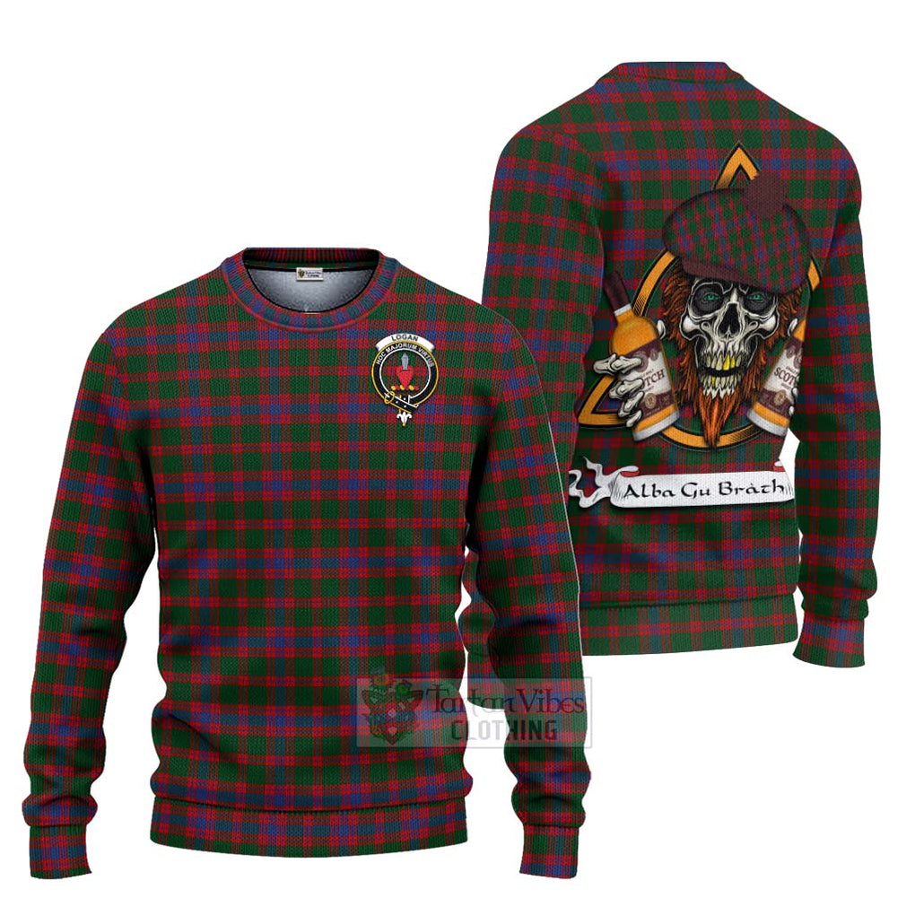 Tartan Vibes Clothing Logan Tartan Knitted Sweater with Family Crest and Bearded Skull Holding Bottles of Whiskey