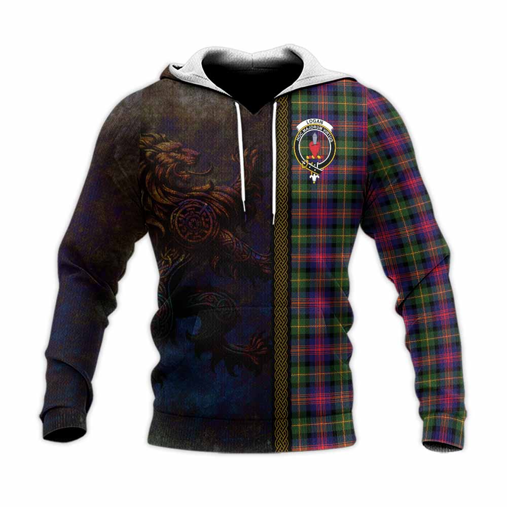 Tartan Vibes Clothing Logan Tartan Family Crest Knitted Hoodie Alba Gu Brath Be Brave Lion Ancient Style