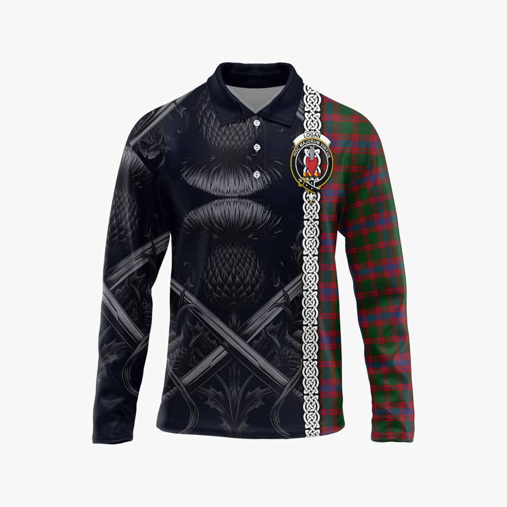 Tartan Vibes Clothing Logan Tartan Long Sleeve Polo Shirt with Family Crest Cross Sword Thistle Celtic Vibes