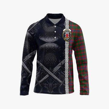 Tartan Vibes Clothing Logan Tartan Long Sleeve Polo Shirt with Family Crest Cross Sword Thistle Celtic Vibes