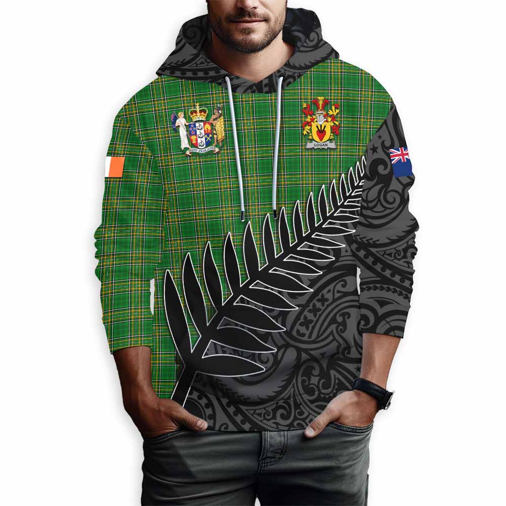 Tartan Vibes Clothing Logan Irish Clan Tartan Hoodie with Coat of Arms New Zealand Silver Fern Half Style