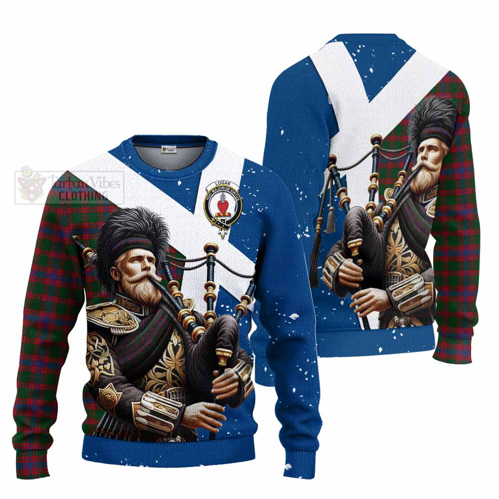Tartan Vibes Clothing Logan Tartan Knitted Sweater with Family Crest Scottish Bagpiper Vibes
