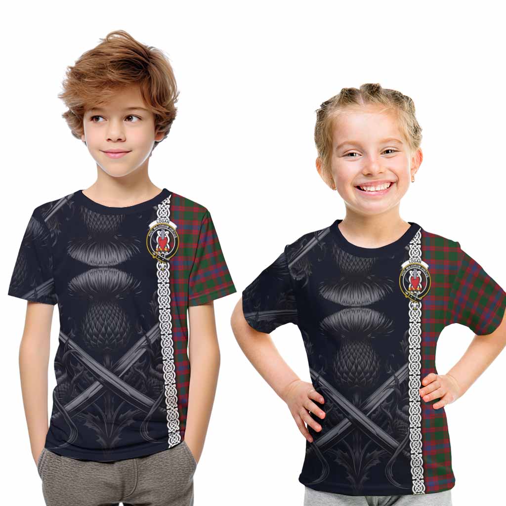 Tartan Vibes Clothing Logan Tartan Kid T-Shirt with Family Crest Cross Sword Thistle Celtic Vibes