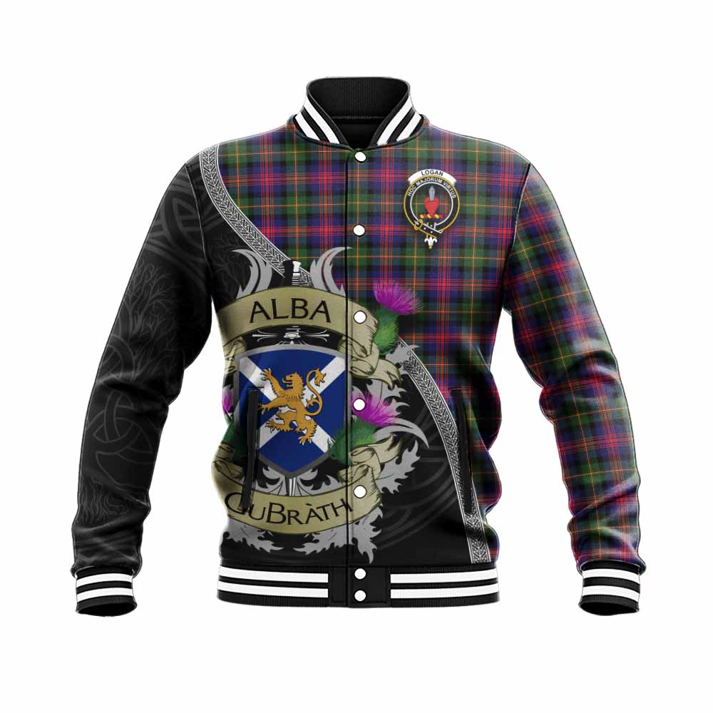 Tartan Vibes Clothing Logan Tartan Family Crest Baseball Jacket Lion Rampant Royal Thistle Shield Celtic Inspired