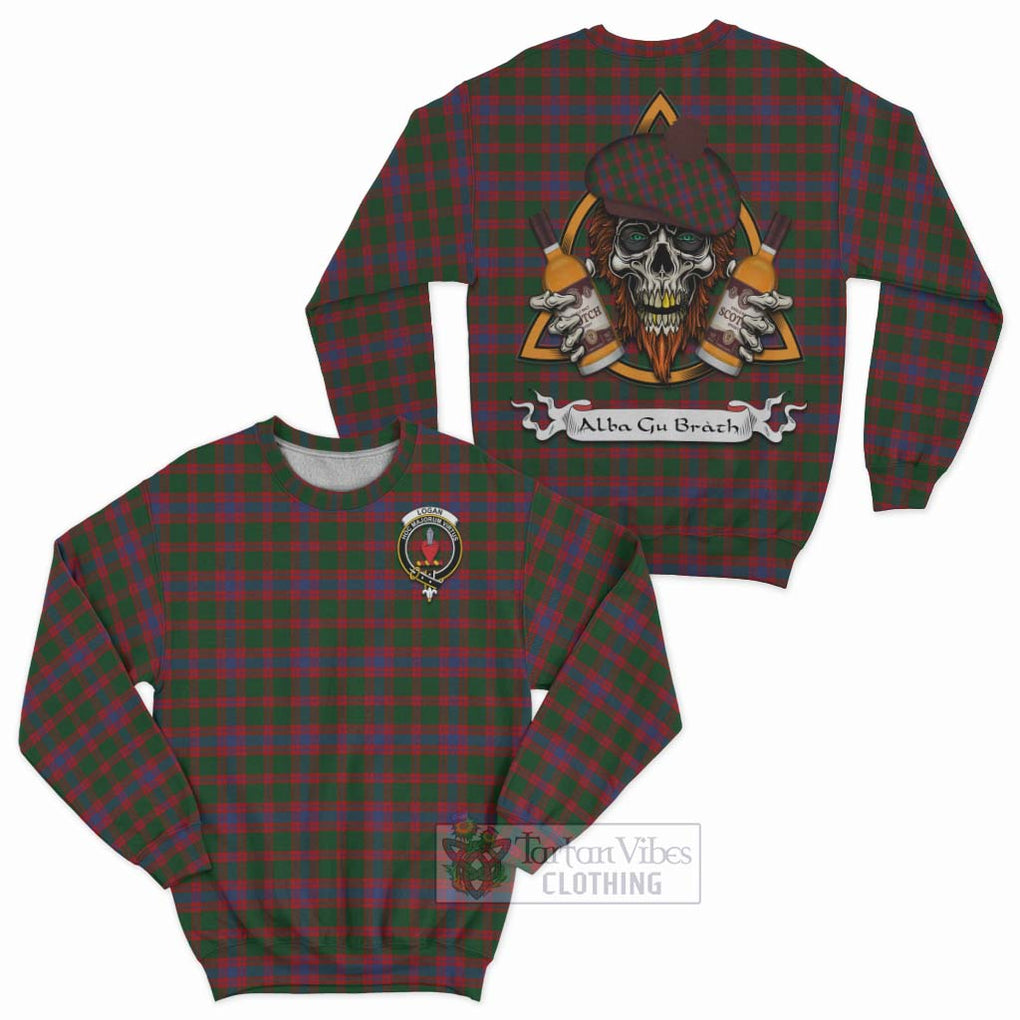 Tartan Vibes Clothing Logan Tartan Sweatshirt with Family Crest and Bearded Skull Holding Bottles of Whiskey