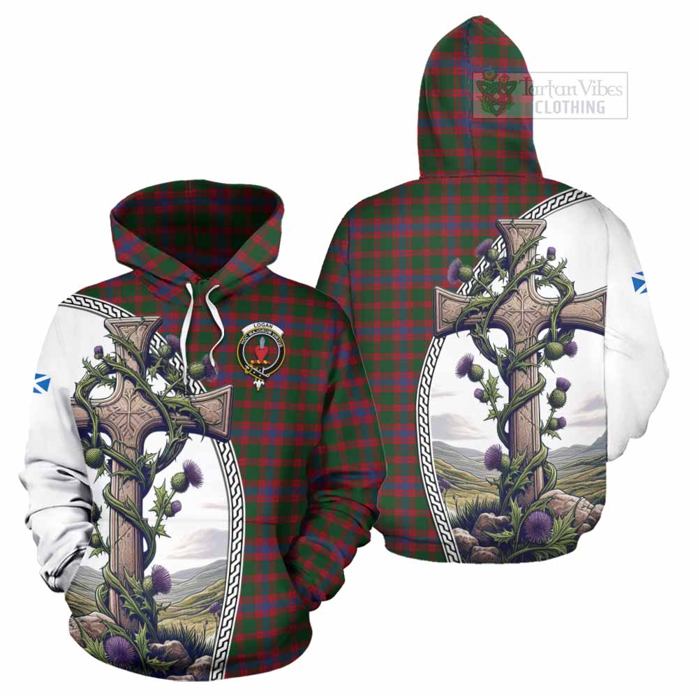 Tartan Vibes Clothing Logan Tartan Hoodie with Family Crest and St. Andrew's Cross Accented by Thistle Vines