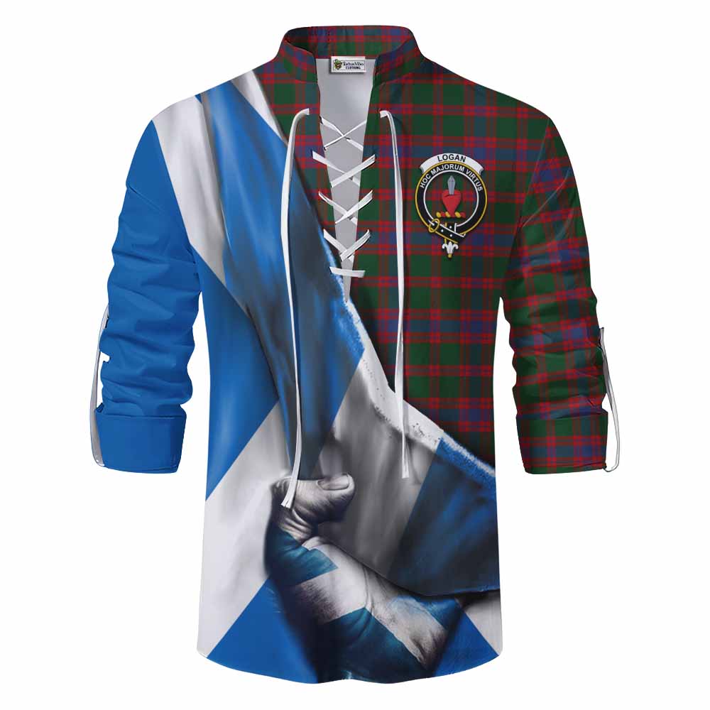 Tartan Vibes Clothing Logan Tartan Ghillie Kilt Shirt with Family Crest Scotland Patriotic Style