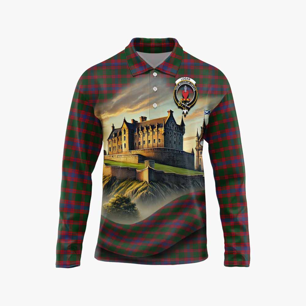 Tartan Vibes Clothing Logan Tartan Family Crest Long Sleeve Polo Shirt with Scottish Ancient Castle Style