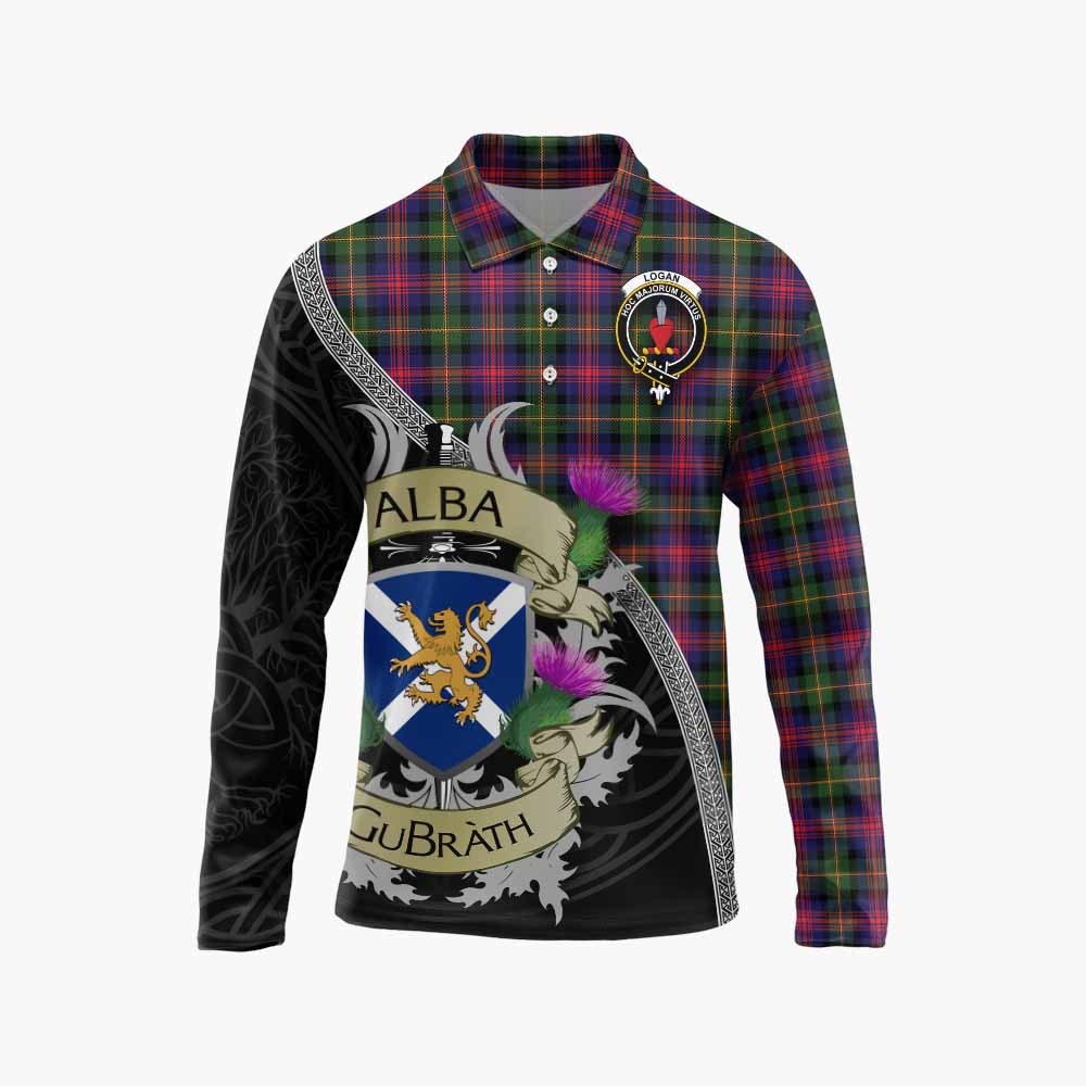 Tartan Vibes Clothing Logan Tartan Family Crest Long Sleeve Polo Shirt Lion Rampant Royal Thistle Shield Celtic Inspired