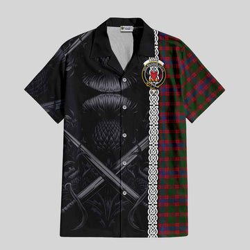 Logan Tartan Hawaiian Shirt with Family Crest Cross Sword Thistle Celtic Vibes