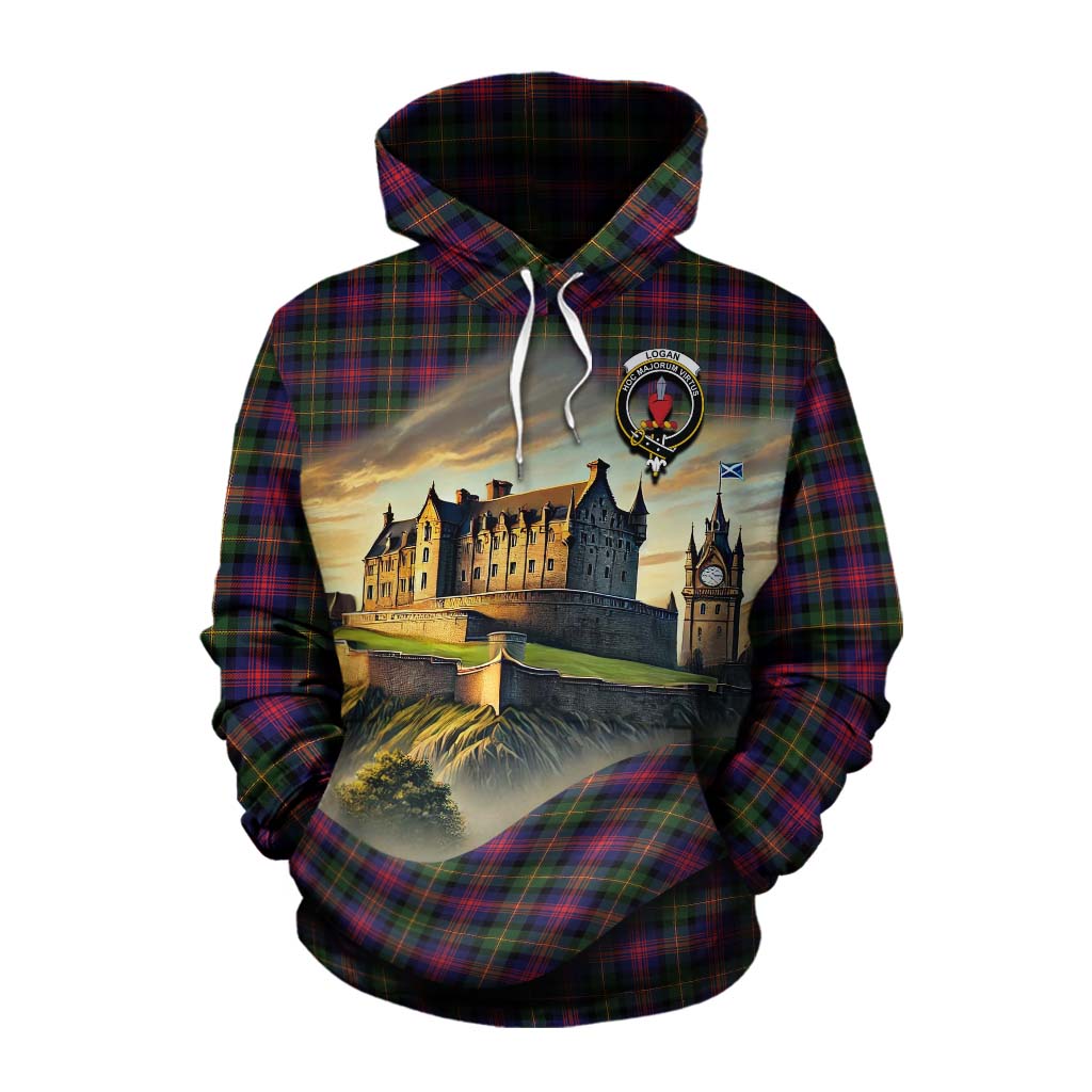 Tartan Vibes Clothing Logan Tartan Family Crest Cotton Hoodie with Scottish Ancient Castle Style
