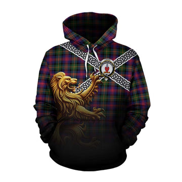 Logan Crest Tartan Cotton Hoodie with Golden Lion Emblem Celtic Style