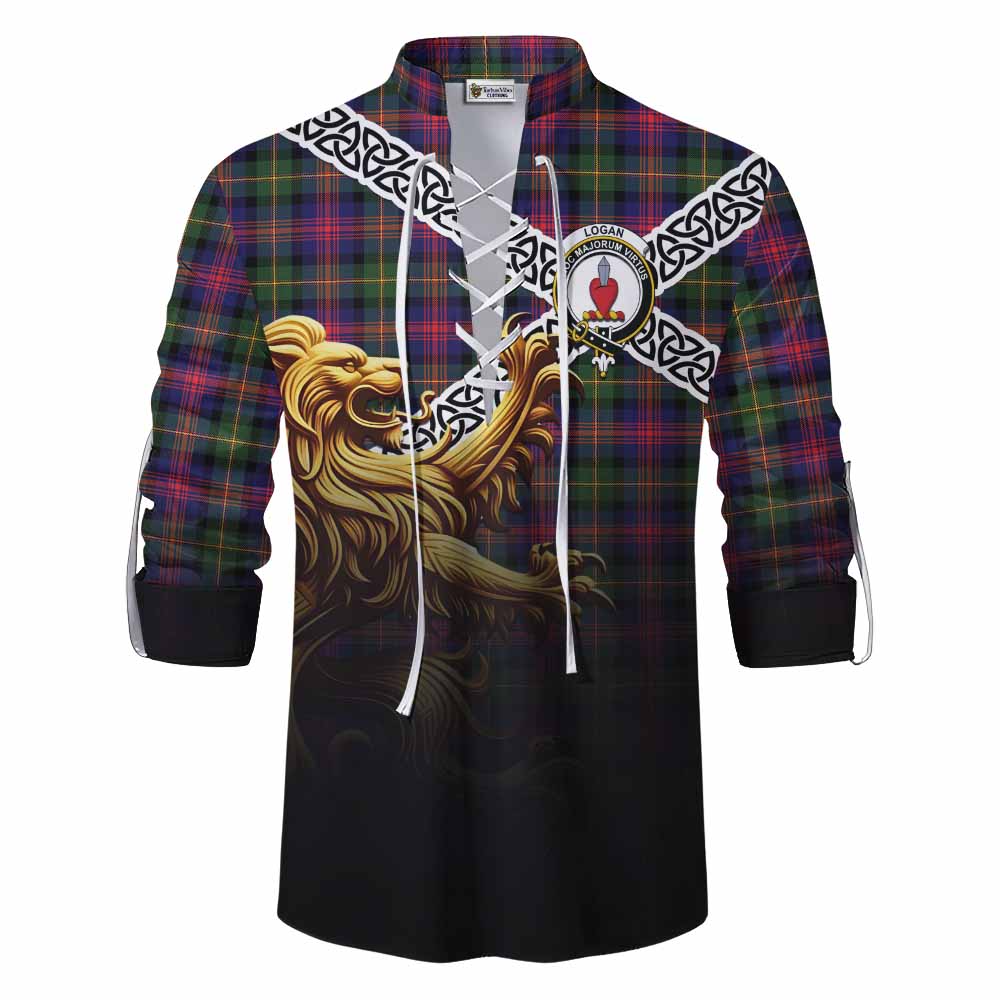 Tartan Vibes Clothing Logan Crest Tartan Ghillie Kilt Shirt with Golden Lion Emblem Celtic Style