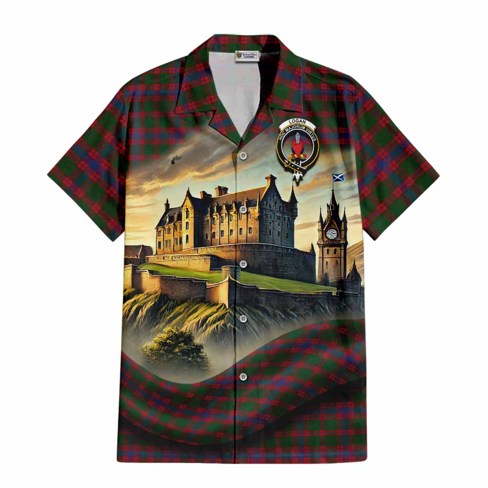 Tartan Vibes Clothing Logan Tartan Family Crest Short Sleeve Button Shirt with Scottish Ancient Castle Style