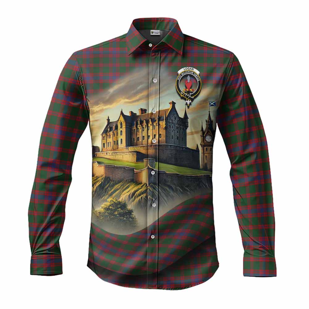 Tartan Vibes Clothing Logan Tartan Family Crest Long Sleeve Button Shirt with Scottish Ancient Castle Style